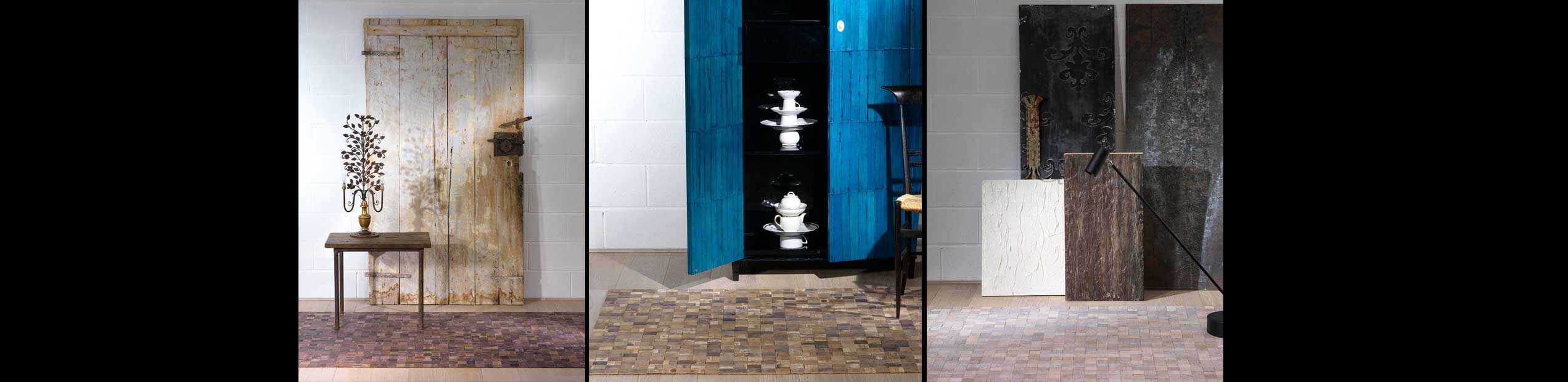 Holz Teppiche in gewünschter Qualität das Bild zeigt drei Holz Teppiche aus dem Upcycling