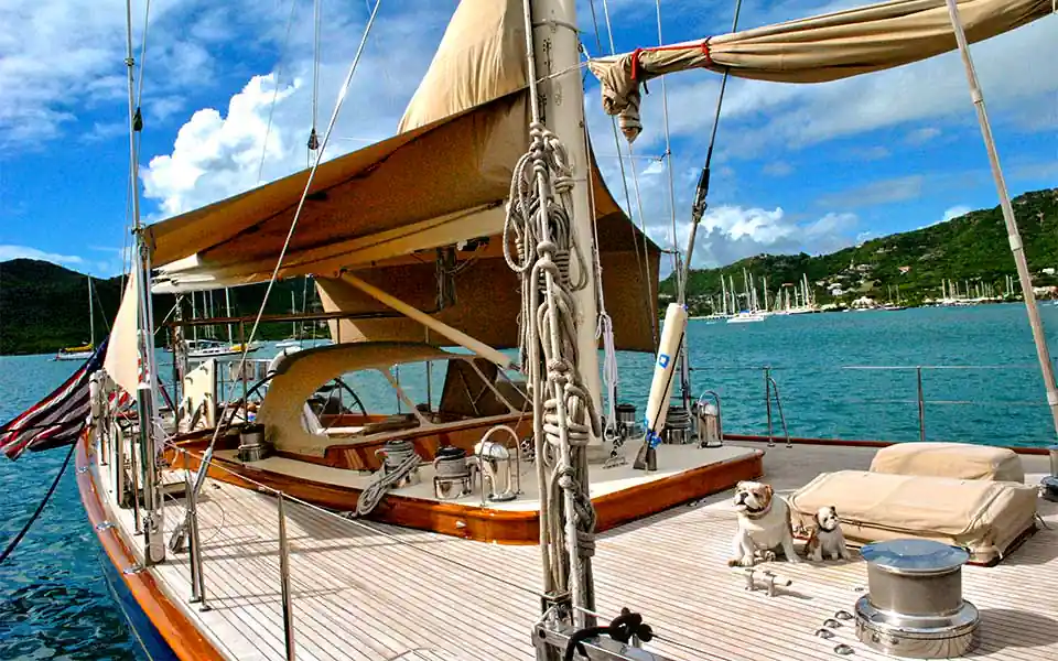 das Foto zeigt ein Schiff mit einem Teakholz-Deck aus Stabdeckleisten & Teak Bohlen